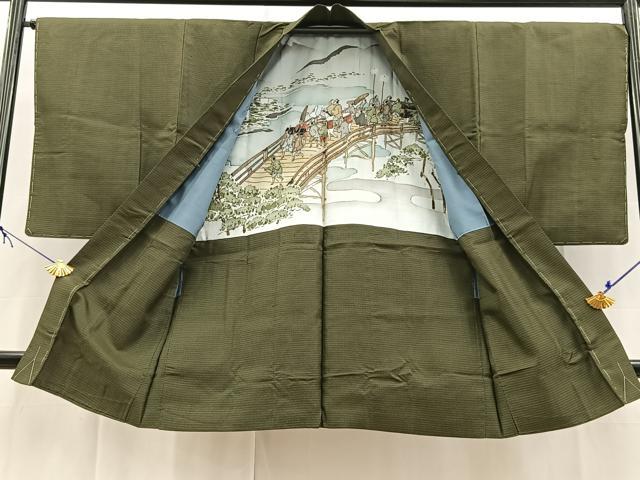 平和屋着物■男性　紬　アンサンブル　長羽織　幾何学文様　正絹　逸品　BAAX9836yc