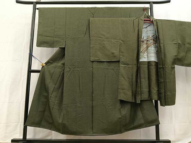 平和屋着物■男性　紬　アンサンブル　長羽織　幾何学文様　正絹　逸品　BAAX9836yc