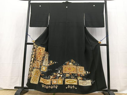 平和屋着物■豪華黒留袖　駒刺繍　吉祥更紗花文　金彩　正絹　逸品　BAAX9837yc