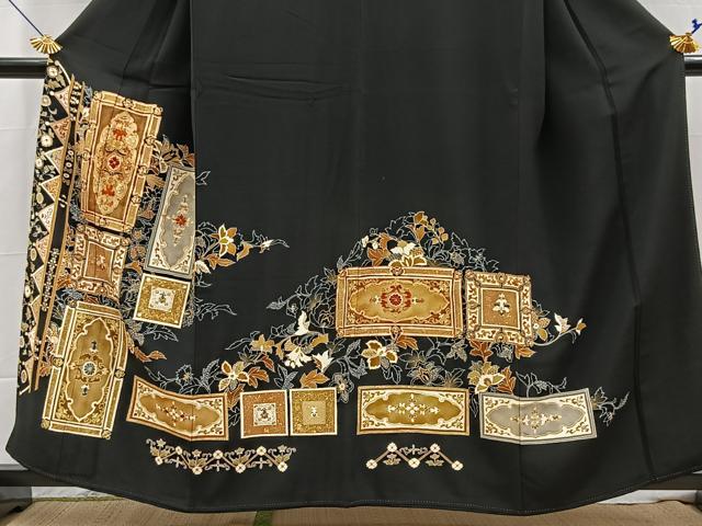 平和屋着物■豪華黒留袖　駒刺繍　吉祥更紗花文　金彩　正絹　逸品　BAAX9837yc