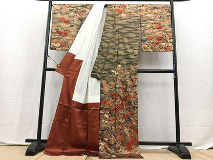 平和屋着物●訪問着　駒刺繍　松竹梅花車文　黒地　金彩　ロング丈　正絹　逸品　BAAX9842yc