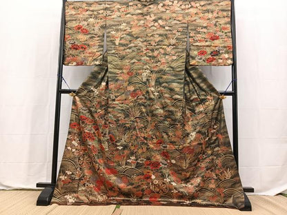 平和屋着物●訪問着　駒刺繍　松竹梅花車文　黒地　金彩　ロング丈　正絹　逸品　BAAX9842yc