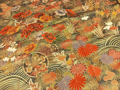 平和屋着物●訪問着　駒刺繍　松竹梅花車文　黒地　金彩　ロング丈　正絹　逸品　BAAX9842yc