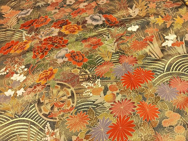 平和屋着物●訪問着　駒刺繍　松竹梅花車文　黒地　金彩　ロング丈　正絹　逸品　BAAX9842yc