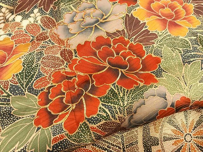 平和屋着物●訪問着　駒刺繍　松竹梅花車文　黒地　金彩　ロング丈　正絹　逸品　BAAX9842yc