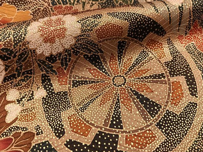 平和屋着物●訪問着　駒刺繍　松竹梅花車文　黒地　金彩　ロング丈　正絹　逸品　BAAX9842yc