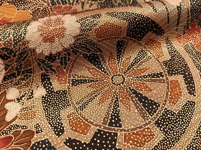 平和屋着物●訪問着　駒刺繍　松竹梅花車文　黒地　金彩　ロング丈　正絹　逸品　BAAX9842yc