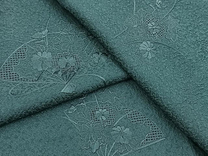 平和屋着物■中国三大刺繍　スワトウ刺繍　汕頭刺繍　無地絵羽訪問着　総刺繍　扇面花文　青碧色　正絹　逸品　BAAX9844yc