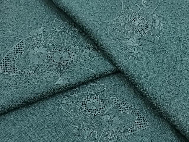 平和屋着物■中国三大刺繍　スワトウ刺繍　汕頭刺繍　無地絵羽訪問着　総刺繍　扇面花文　青碧色　正絹　逸品　BAAX9844yc