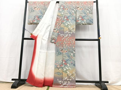 平和屋着物●訪問着　流水花鳥文　暈し染め　鬼しぼ縮緬　正絹　逸品　未使用　BAAX9846yc