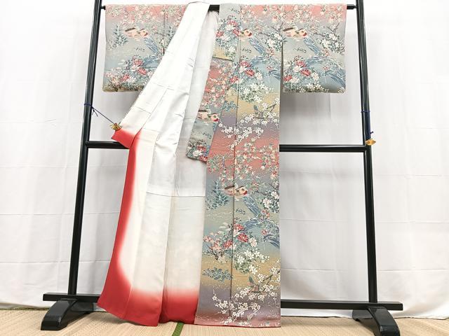 平和屋着物●訪問着　流水花鳥文　暈し染め　鬼しぼ縮緬　正絹　逸品　未使用　BAAX9846yc