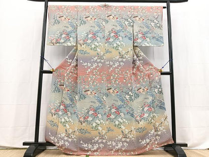 平和屋着物●訪問着　流水花鳥文　暈し染め　鬼しぼ縮緬　正絹　逸品　未使用　BAAX9846yc