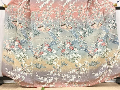 平和屋着物●訪問着　流水花鳥文　暈し染め　鬼しぼ縮緬　正絹　逸品　未使用　BAAX9846yc