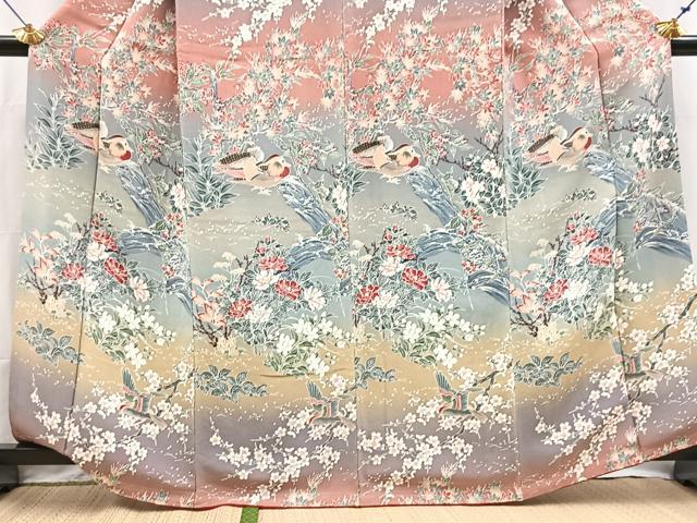 平和屋着物●訪問着　流水花鳥文　暈し染め　鬼しぼ縮緬　正絹　逸品　未使用　BAAX9846yc