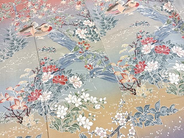 平和屋着物●訪問着　流水花鳥文　暈し染め　鬼しぼ縮緬　正絹　逸品　未使用　BAAX9846yc