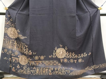 平和屋着物●訪問着　紬地　エジプト壁画文様　暈し染め　金彩　正絹　逸品　BAAX9848yc