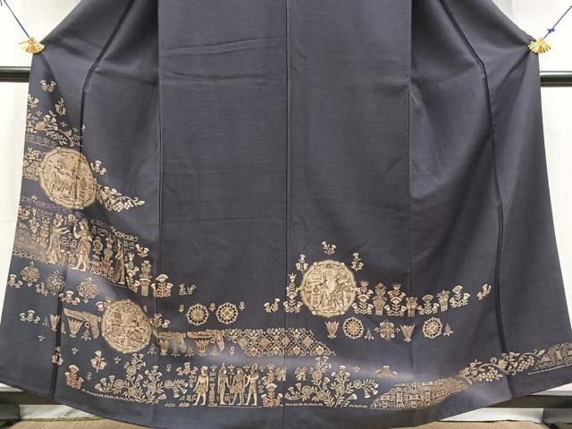 平和屋着物●訪問着　紬地　エジプト壁画文様　暈し染め　金彩　正絹　逸品　BAAX9848yc