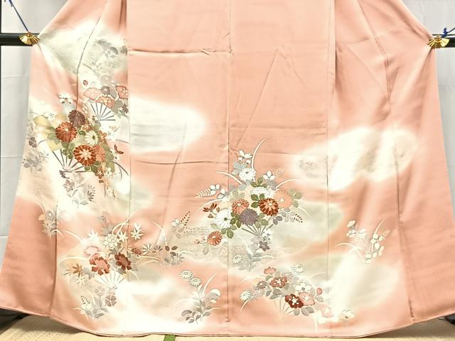 平和屋着物●訪問着　駒刺繍　扇面花文　暈し染め　金銀彩　三越扱い　正絹　逸品　BAAX9878yc