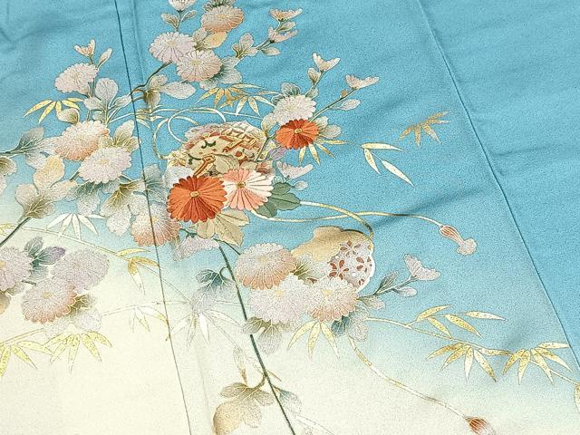 平和屋着物●訪問着　刺繍　鏡裏花文　暈し染め　金銀彩　正絹　逸品　未使用　BAAX9881yc
