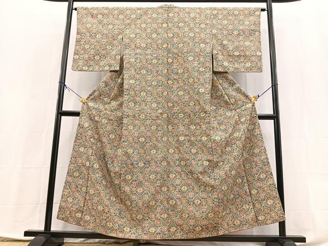 平和屋着物■上質な小紋　紬地　幾何学文様　正絹　逸品　BAAX9904yc