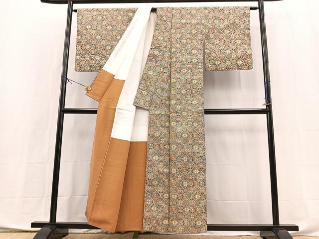 平和屋着物■上質な小紋　紬地　幾何学文様　正絹　逸品　BAAX9904yc