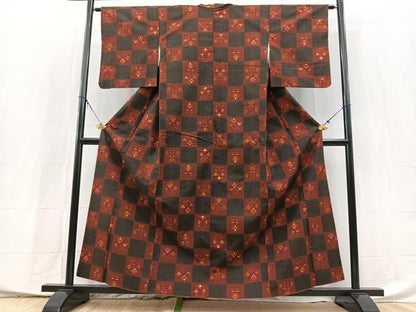 平和屋着物■上質な紬　市松更紗花文　正絹　逸品　BAAX9924yc