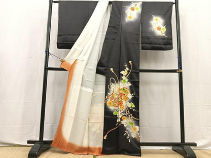 平和屋着物●訪問着　鼓花文　暈し染め　黒地　金彩　正絹　逸品　BAAX9929yc