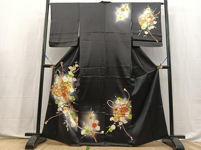 平和屋着物●訪問着　鼓花文　暈し染め　黒地　金彩　正絹　逸品　BAAX9929yc