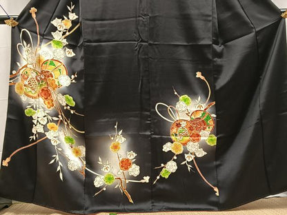 平和屋着物●訪問着　鼓花文　暈し染め　黒地　金彩　正絹　逸品　BAAX9929yc