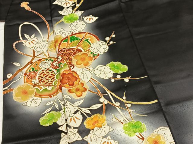平和屋着物●訪問着　鼓花文　暈し染め　黒地　金彩　正絹　逸品　BAAX9929yc