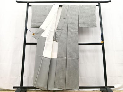 平和屋着物■上質な色無地　幾何学地紋　桔梗鼠色　正絹　逸品　BAAX9934yc