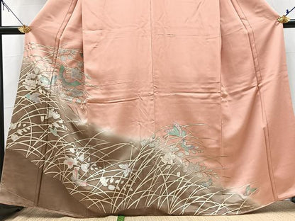 平和屋着物●訪問着　花蝶文　珊瑚色　暈し染め　金銀彩　鈴乃屋扱い　正絹　逸品　未使用　BAAX9940yc
