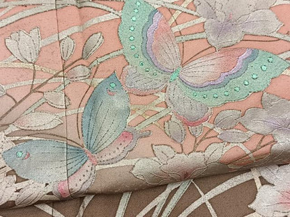平和屋着物●訪問着　花蝶文　珊瑚色　暈し染め　金銀彩　鈴乃屋扱い　正絹　逸品　未使用　BAAX9940yc