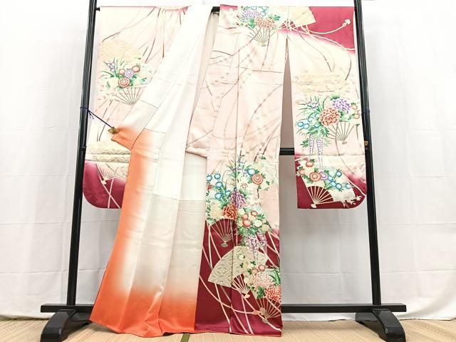 平和屋着物■豪華振袖　駒刺繍　双鶴扇面花文　暈し染め　金彩　正絹　逸品　BAAX9966yc