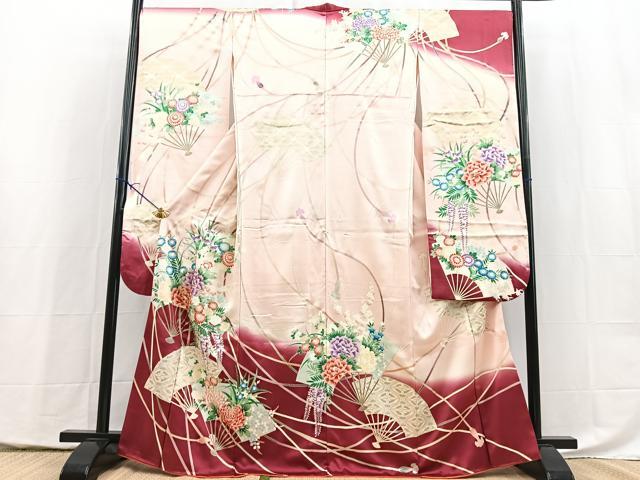 平和屋着物■豪華振袖　駒刺繍　双鶴扇面花文　暈し染め　金彩　正絹　逸品　BAAX9966yc