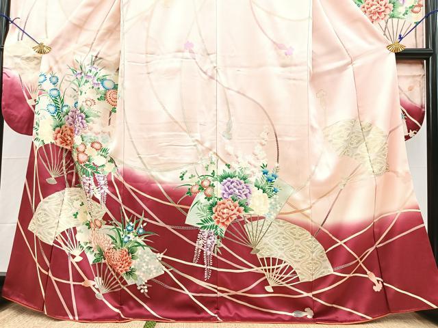 平和屋着物■豪華振袖　駒刺繍　双鶴扇面花文　暈し染め　金彩　正絹　逸品　BAAX9966yc