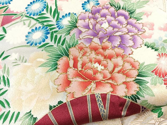 平和屋着物■豪華振袖　駒刺繍　双鶴扇面花文　暈し染め　金彩　正絹　逸品　BAAX9966yc