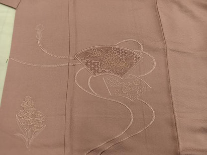 平和屋着物■色留訪問着　総刺繍　スワトウ刺繍　地紙重ね花文　遠州茶色　金糸　正絹　逸品　BAAY0004mz