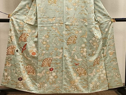 平和屋着物●訪問着　駒刺繍　飛鶴舞蝶花文　金彩　正絹　逸品　BAAY0007mz