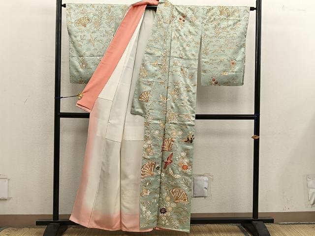 平和屋着物●訪問着　駒刺繍　飛鶴舞蝶花文　金彩　正絹　逸品　BAAY0007mz