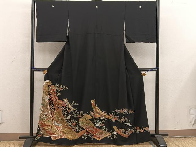 平和屋着物■豪華黒留袖　駒刺繍　飛鶴花文　金彩　正絹　逸品　BAAY0012mz