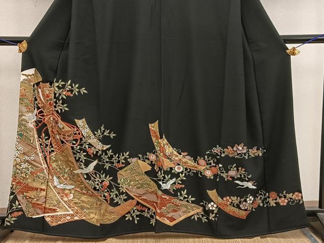 平和屋着物■豪華黒留袖　駒刺繍　飛鶴花文　金彩　正絹　逸品　BAAY0012mz