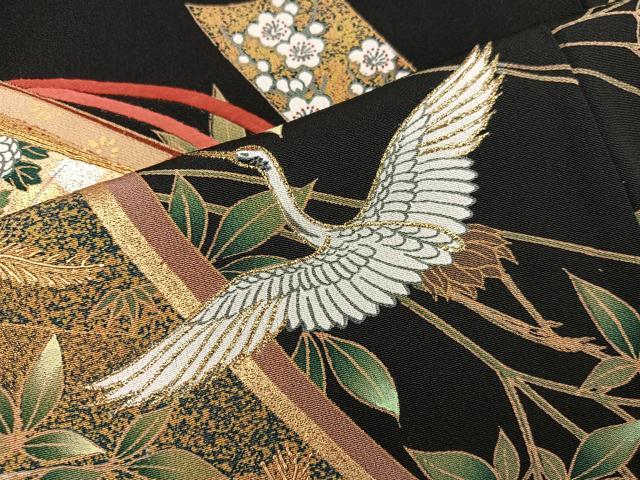 平和屋着物■豪華黒留袖　駒刺繍　飛鶴花文　金彩　正絹　逸品　BAAY0012mz