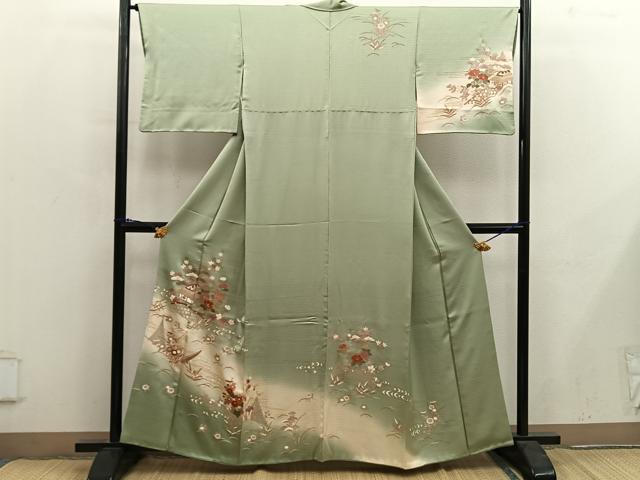 平和屋着物●訪問着　駒刺繍　風景花文　暈し染め　金彩　正絹　逸品　BAAY0038mz