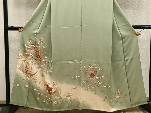 平和屋着物●訪問着　駒刺繍　風景花文　暈し染め　金彩　正絹　逸品　BAAY0038mz