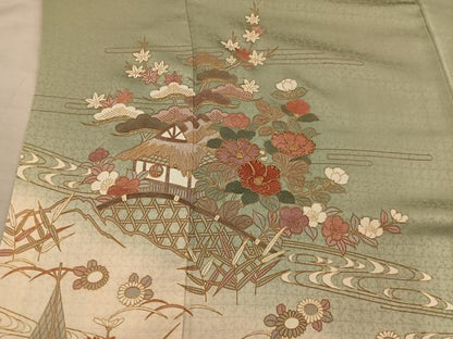 平和屋着物●訪問着　駒刺繍　風景花文　暈し染め　金彩　正絹　逸品　BAAY0038mz