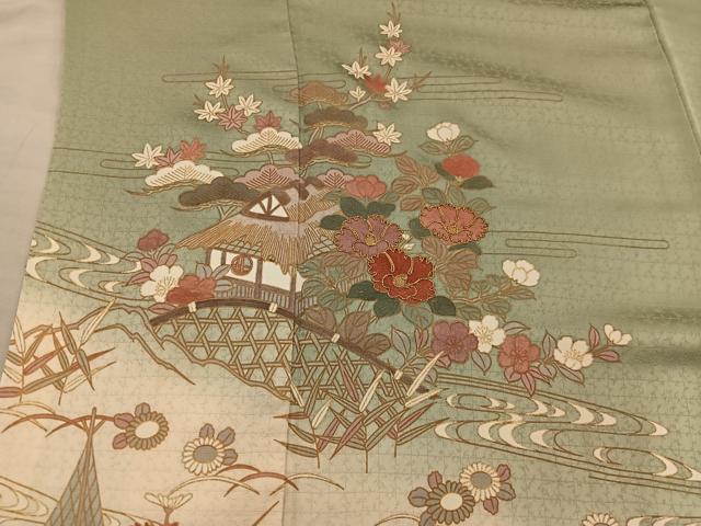 平和屋着物●訪問着　駒刺繍　風景花文　暈し染め　金彩　正絹　逸品　BAAY0038mz