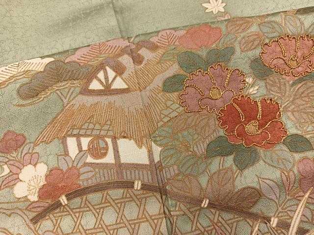 平和屋着物●訪問着　駒刺繍　風景花文　暈し染め　金彩　正絹　逸品　BAAY0038mz