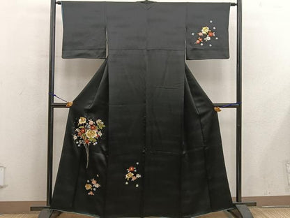 平和屋着物■訪問着　総刺繍　枝花文　黒地　金銀糸　正絹　逸品　BAAY0045mz