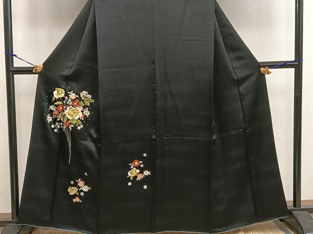 平和屋着物■訪問着　総刺繍　枝花文　黒地　金銀糸　正絹　逸品　BAAY0045mz